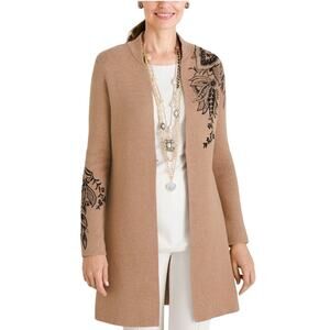 Chicos XL Womens Long Floral Embroidered Cardigan Neutral Luxe Brown